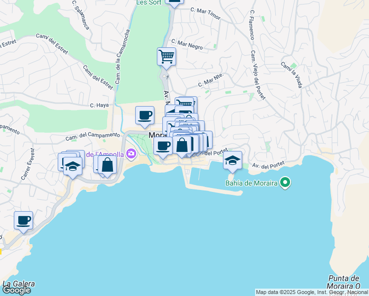 map of restaurants, bars, coffee shops, grocery stores, and more near 26 Calle del Doctor Calatayud in Moraira