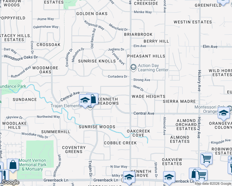 map of restaurants, bars, coffee shops, grocery stores, and more near 6742 Quanah Way in Orangevale
