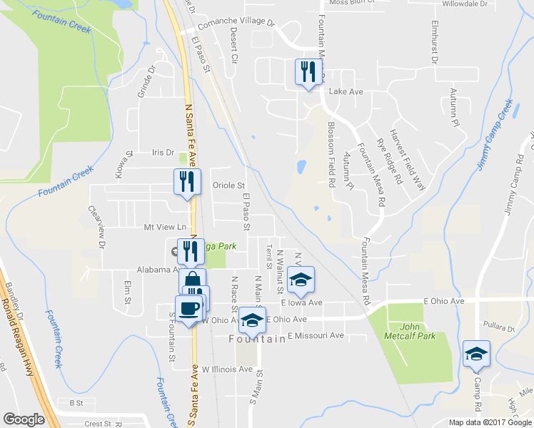map of restaurants, bars, coffee shops, grocery stores, and more near 128 Wellington Street in Fountain