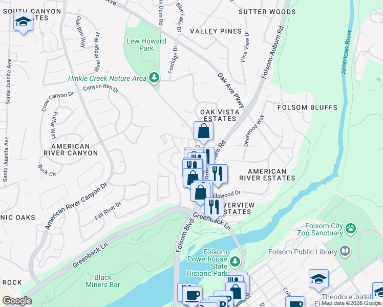 map of restaurants, bars, coffee shops, grocery stores, and more near 6700 Oak Avenue in Folsom