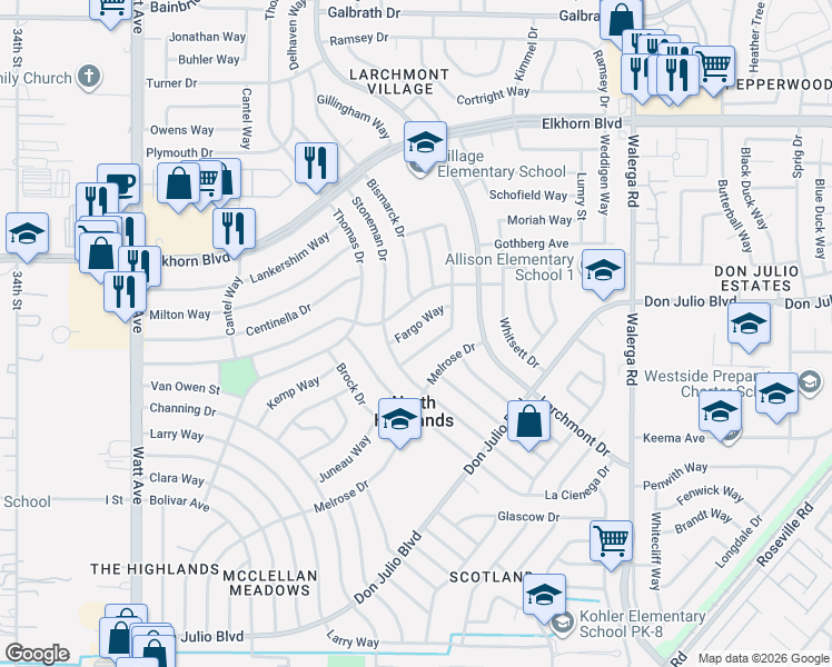 map of restaurants, bars, coffee shops, grocery stores, and more near 3908 Fargo Way in North Highlands