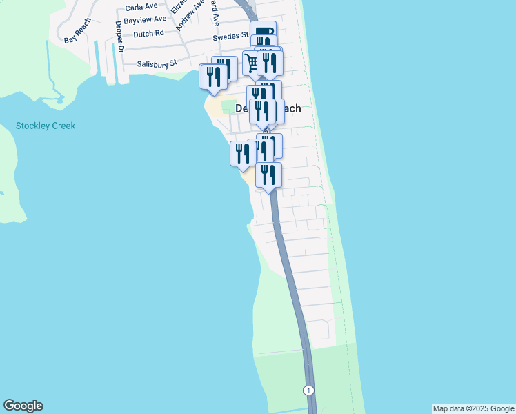 map of restaurants, bars, coffee shops, grocery stores, and more near in Dewey Beach