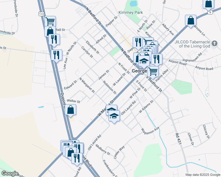 map of restaurants, bars, coffee shops, grocery stores, and more near West Laurel Street in Georgetown