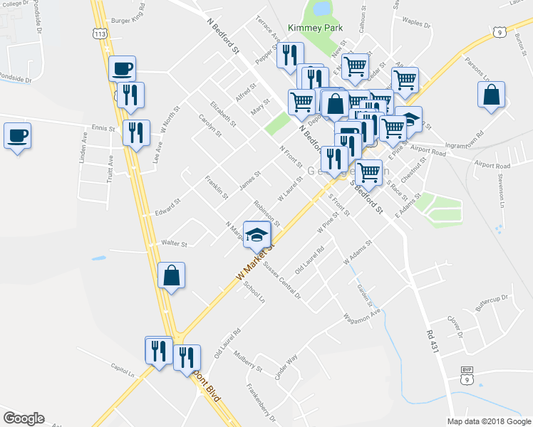 map of restaurants, bars, coffee shops, grocery stores, and more near West Laurel Street in Georgetown