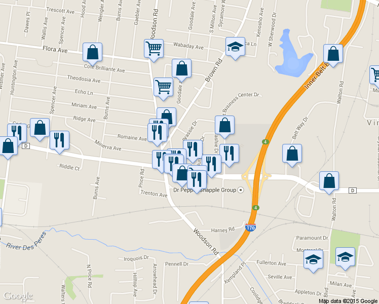 map of restaurants, bars, coffee shops, grocery stores, and more near 9041 Link Drive in Overland