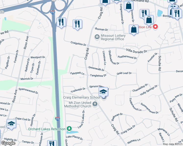 map of restaurants, bars, coffee shops, grocery stores, and more near 12087 Tangletree Dr in St Louis