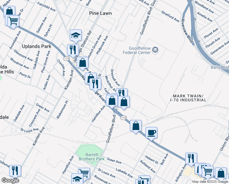 map of restaurants, bars, coffee shops, grocery stores, and more near 5824 McArthur Avenue in St. Louis