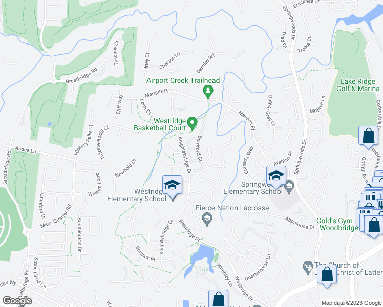 map of restaurants, bars, coffee shops, grocery stores, and more near 4141 Bancroft Lane in Woodbridge