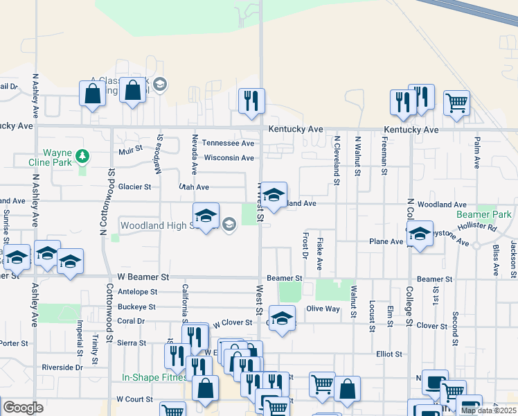 map of restaurants, bars, coffee shops, grocery stores, and more near 177 North West Street in Woodland