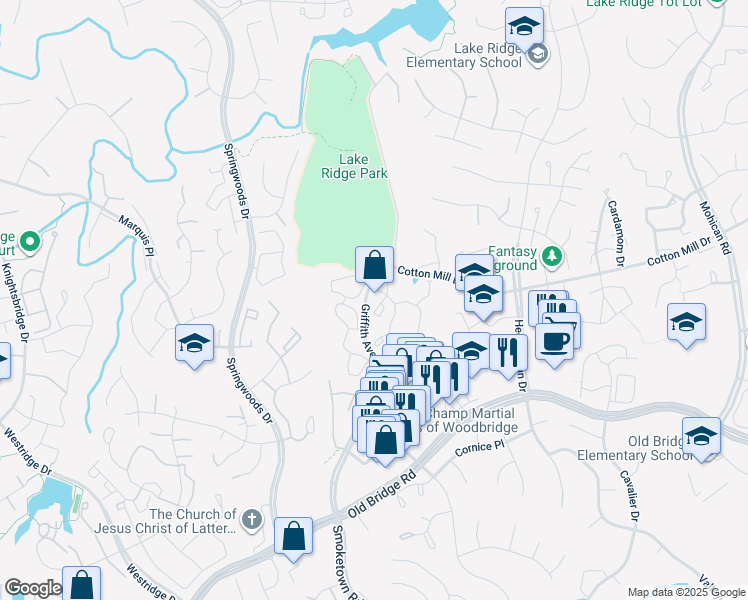 map of restaurants, bars, coffee shops, grocery stores, and more near 12236 Ladymeade Court in Woodbridge