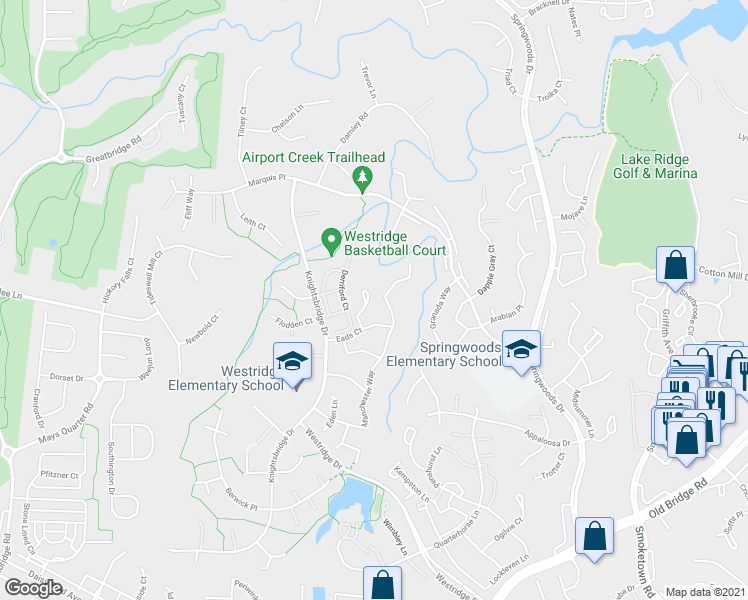 map of restaurants, bars, coffee shops, grocery stores, and more near 12163 Abbey Glen Court in Woodbridge