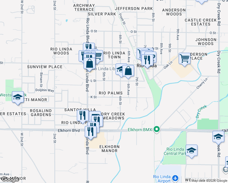map of restaurants, bars, coffee shops, grocery stores, and more near 6618 5th Avenue in Rio Linda