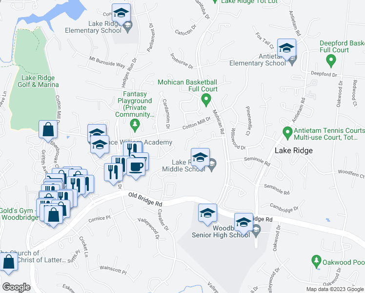 map of restaurants, bars, coffee shops, grocery stores, and more near 12242 Princeton Street in Woodbridge