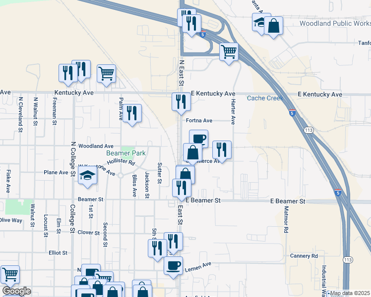map of restaurants, bars, coffee shops, grocery stores, and more near 108 North East Street in Woodland