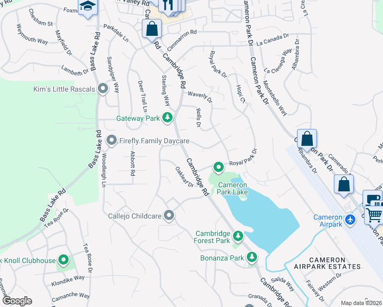 map of restaurants, bars, coffee shops, grocery stores, and more near 2898 Cambridge Road in Cameron Park