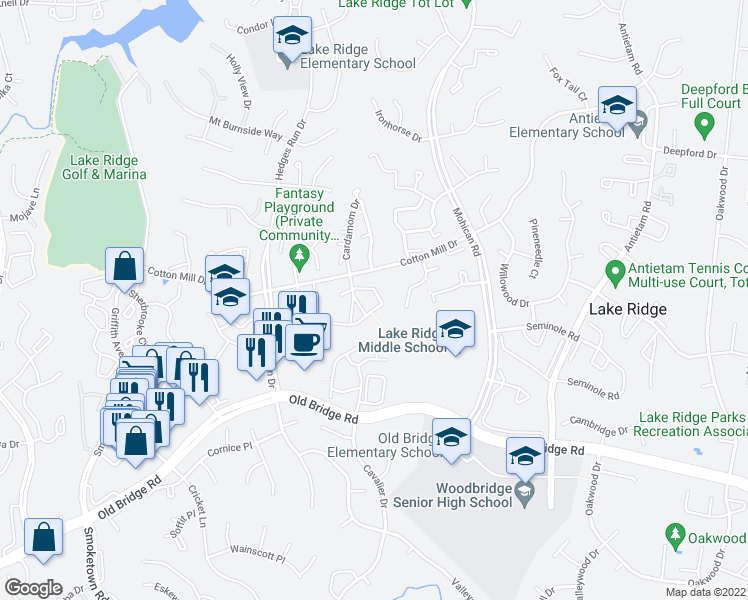 map of restaurants, bars, coffee shops, grocery stores, and more near 12240 Cinnamon Street in Woodbridge