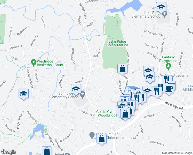 map of restaurants, bars, coffee shops, grocery stores, and more near 12215 Chaucer Lane in Woodbridge