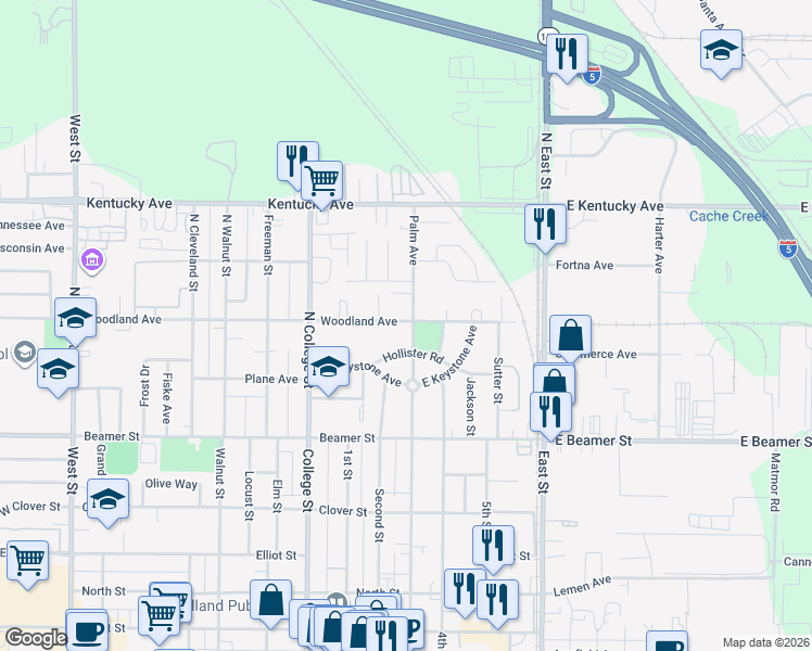 map of restaurants, bars, coffee shops, grocery stores, and more near 616 Woodland Avenue in Woodland