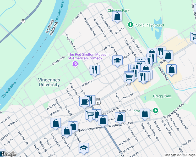 map of restaurants, bars, coffee shops, grocery stores, and more near North 2nd Street in Vincennes