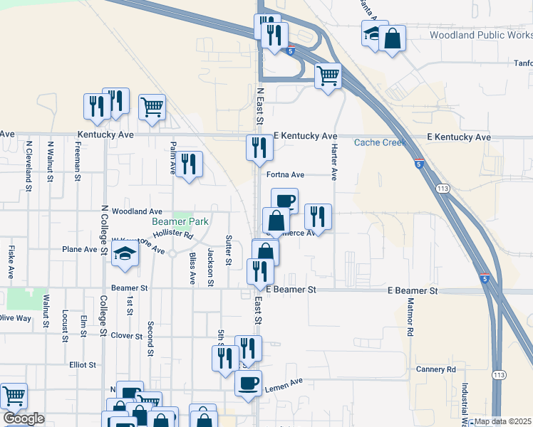 map of restaurants, bars, coffee shops, grocery stores, and more near 108 North East Street in Woodland