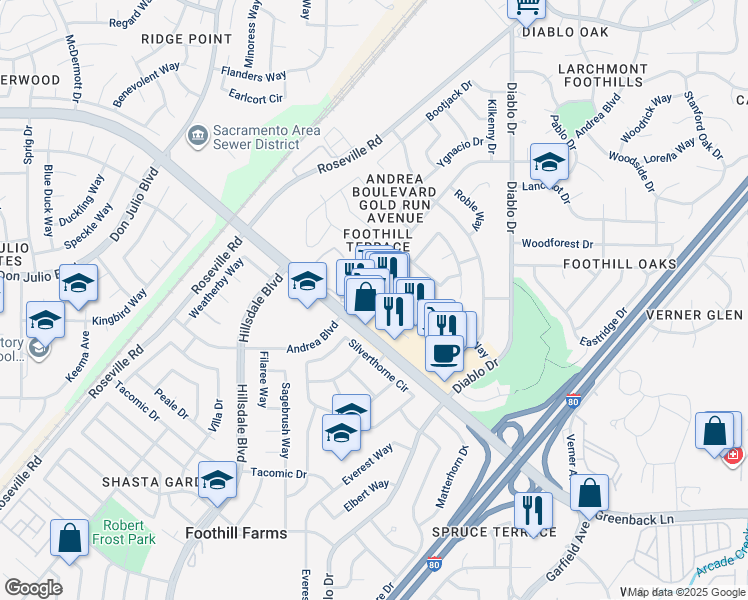 map of restaurants, bars, coffee shops, grocery stores, and more near 5223 Elkhorn Boulevard in Sacramento