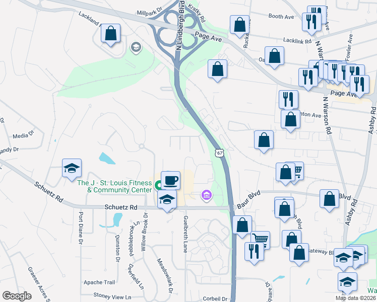 map of restaurants, bars, coffee shops, grocery stores, and more near 105 Lindbergh Place Way in St. Louis