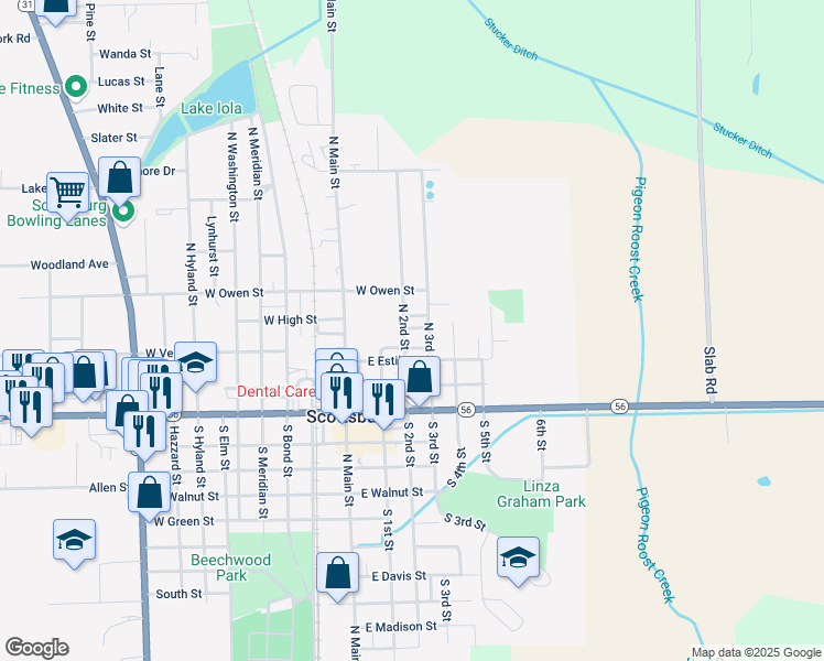 map of restaurants, bars, coffee shops, grocery stores, and more near 238 North 2nd Street in Scottsburg
