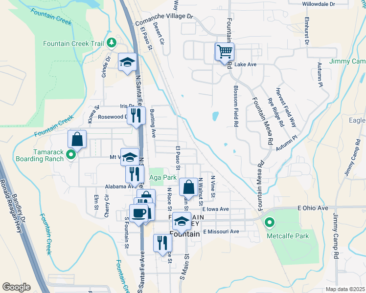 map of restaurants, bars, coffee shops, grocery stores, and more near 145 Wellington Street in Fountain
