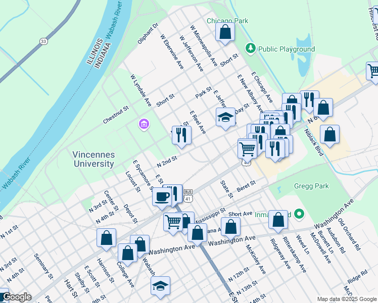 map of restaurants, bars, coffee shops, grocery stores, and more near North 2nd Street in Vincennes