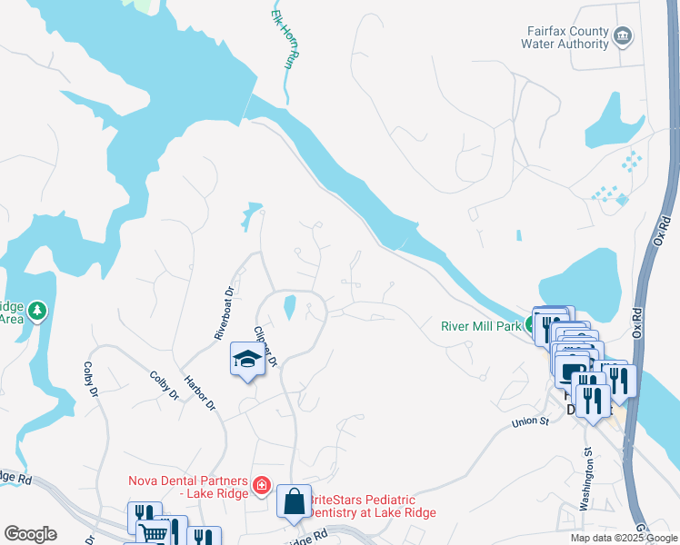 map of restaurants, bars, coffee shops, grocery stores, and more near 12218 Seaford Court in Woodbridge