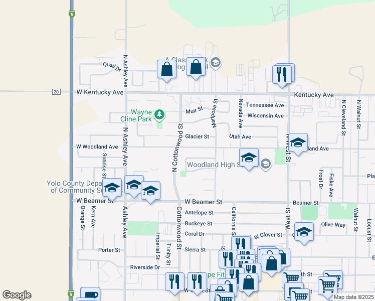 map of restaurants, bars, coffee shops, grocery stores, and more near 167 West Woodland Avenue in Woodland