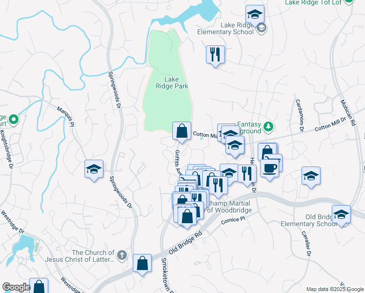 map of restaurants, bars, coffee shops, grocery stores, and more near 12236 Ladymeade Court in Woodbridge