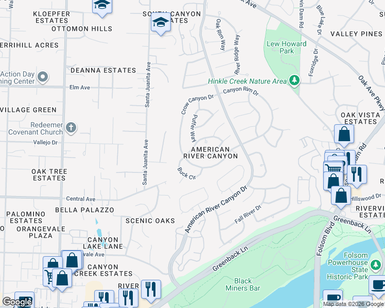 map of restaurants, bars, coffee shops, grocery stores, and more near 124 South Fork Way in Folsom