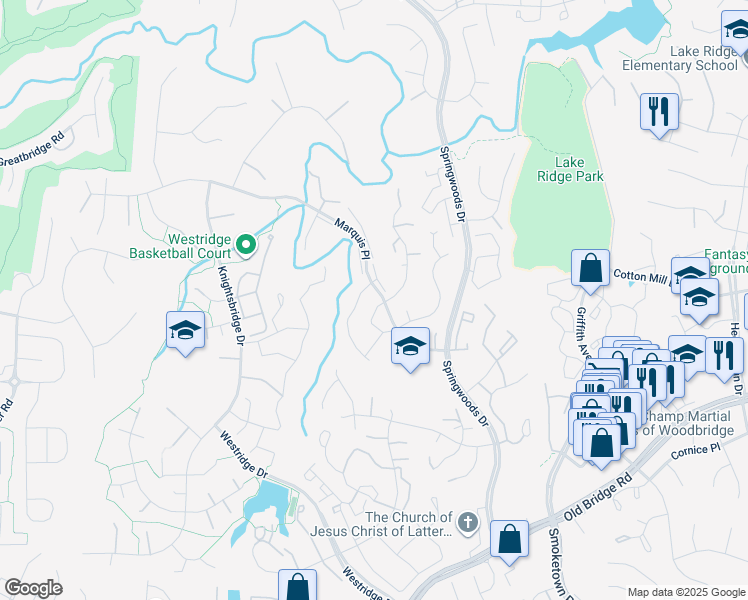 map of restaurants, bars, coffee shops, grocery stores, and more near 12264 Dapple Gray Court in Woodbridge