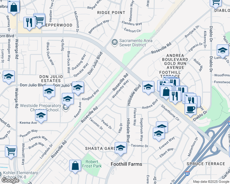 map of restaurants, bars, coffee shops, grocery stores, and more near 6621 Weatherby Way in Sacramento