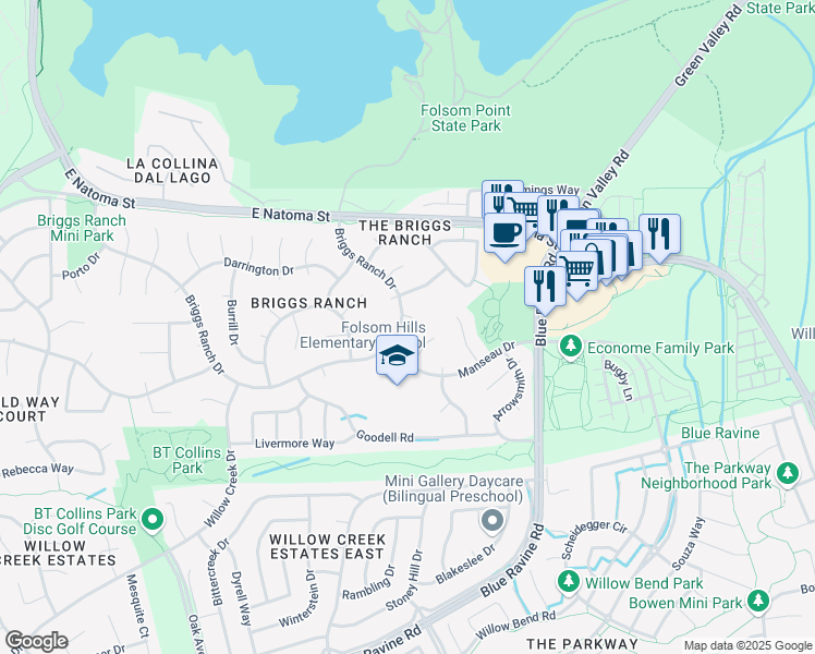 map of restaurants, bars, coffee shops, grocery stores, and more near 100 Yost Court in Folsom