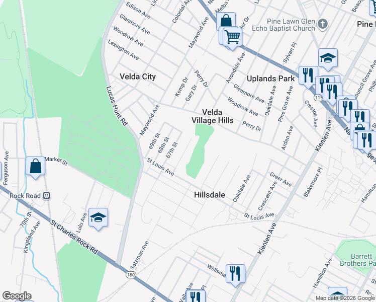 map of restaurants, bars, coffee shops, grocery stores, and more near 2134 Rosebud Avenue in St. Louis