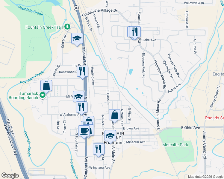 map of restaurants, bars, coffee shops, grocery stores, and more near 701 North El Paso Street in Fountain