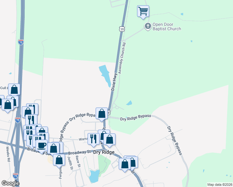 map of restaurants, bars, coffee shops, grocery stores, and more near 250 Assembly Church Road in Dry Ridge