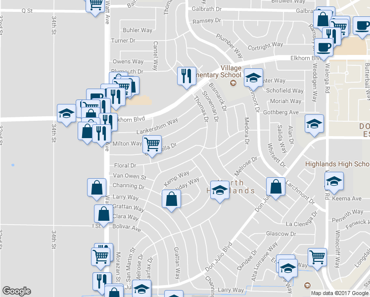 map of restaurants, bars, coffee shops, grocery stores, and more near 3809 Floral Drive in North Highlands