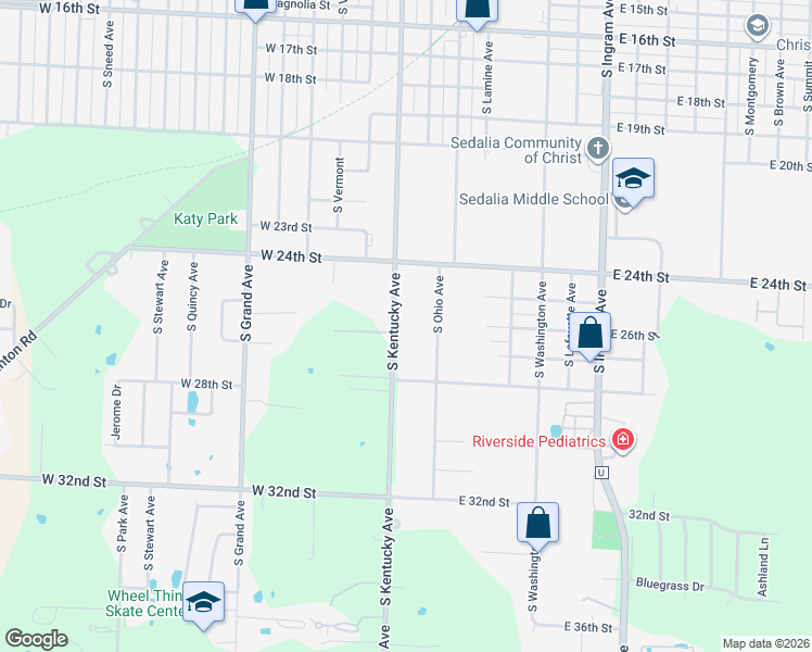 map of restaurants, bars, coffee shops, grocery stores, and more near 2721 South Kentucky Street in Sedalia