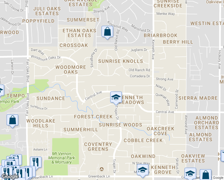 map of restaurants, bars, coffee shops, grocery stores, and more near 8369 Central Avenue in Orangevale