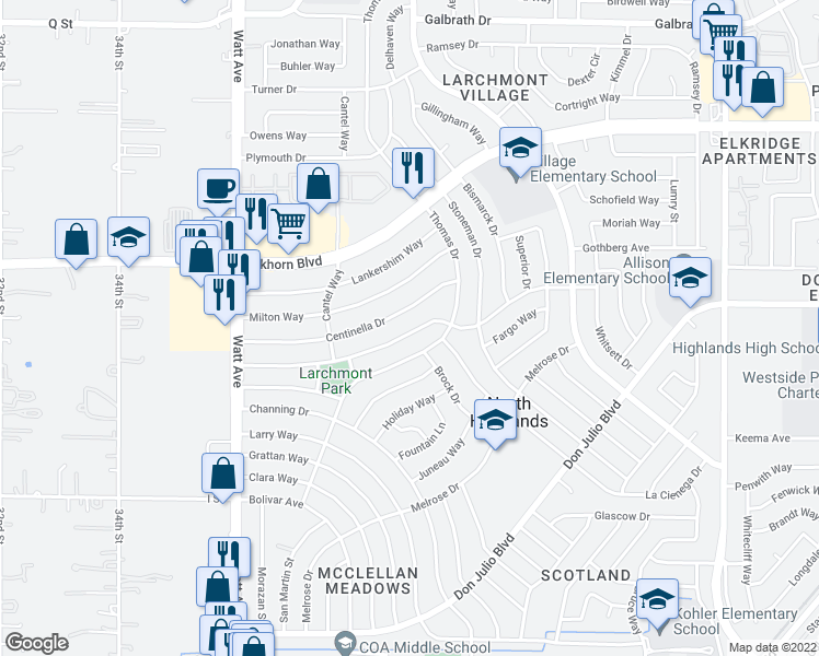 map of restaurants, bars, coffee shops, grocery stores, and more near 3809 Floral Drive in North Highlands