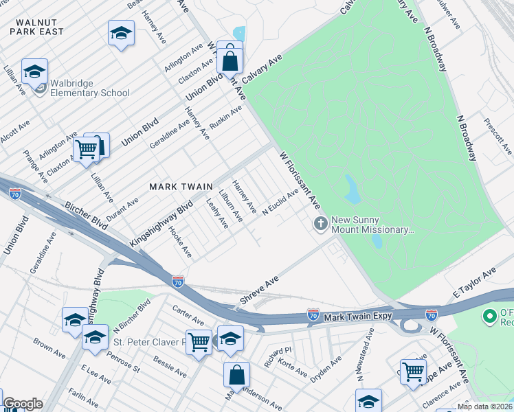 map of restaurants, bars, coffee shops, grocery stores, and more near 5405 North Euclid Avenue in St. Louis