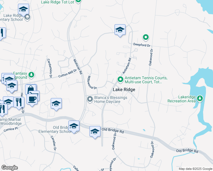 map of restaurants, bars, coffee shops, grocery stores, and more near 2910 Woodburn Ct in Woodbridge