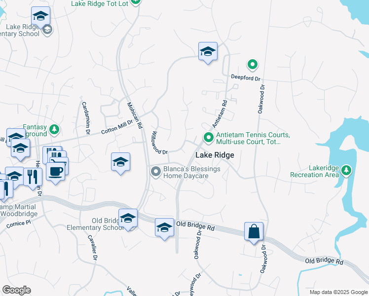 map of restaurants, bars, coffee shops, grocery stores, and more near 2910 Woodburn Ct in Woodbridge