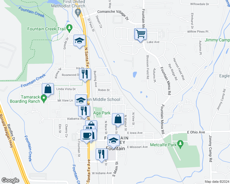 map of restaurants, bars, coffee shops, grocery stores, and more near 149 Wellington Street in Fountain