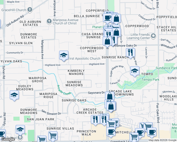 map of restaurants, bars, coffee shops, grocery stores, and more near 6616 Pacheco Way in Citrus Heights