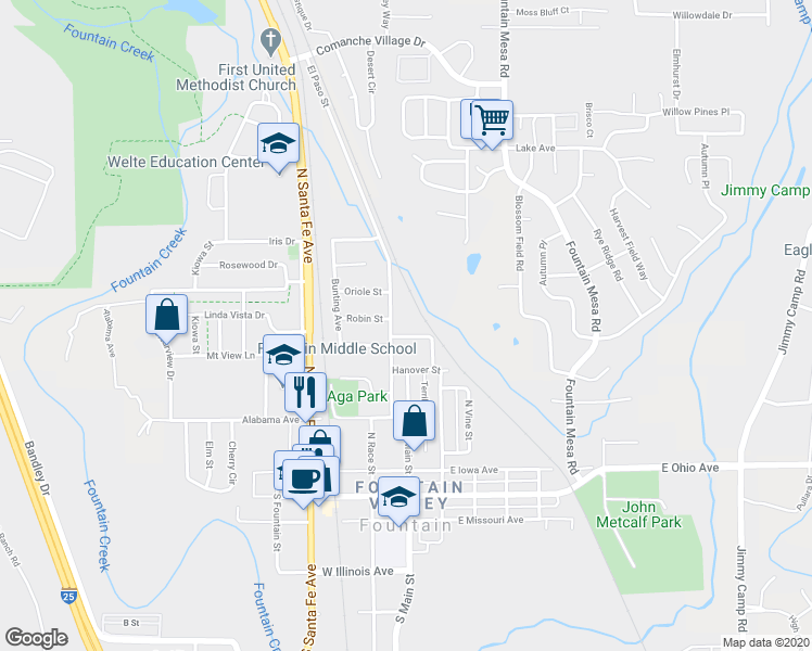 map of restaurants, bars, coffee shops, grocery stores, and more near 701 North El Paso Street in Fountain