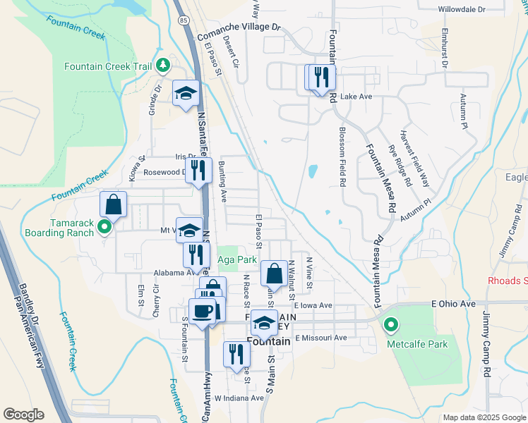 map of restaurants, bars, coffee shops, grocery stores, and more near 701 North El Paso Street in Fountain